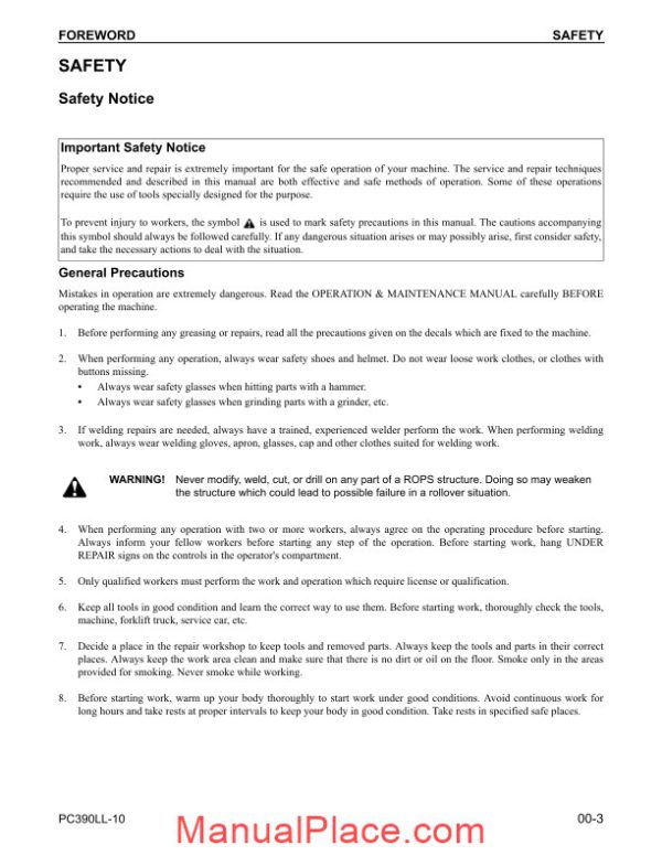 komatsu crawler excavator pc390ll 10 shop manual page 3