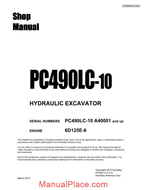 komatsu crawler excavator pc490lc10 shop manual page 1