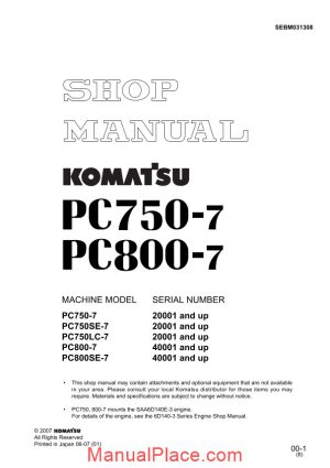 komatsu crawler excavator pc800 7 shop manual page 1