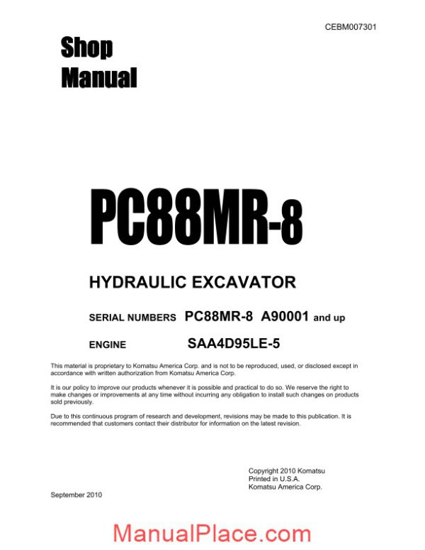 komatsu crawler excavator pc88mr 8 a90001 and shop manual page 1