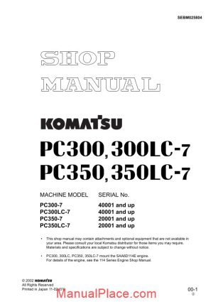 komatsu excavator pc300 7 pc300lc 7 pc350 7 pc350lc 7 shop manual page 1