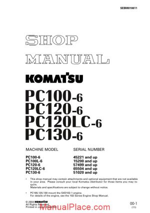 komatsu hydraulic excavator pc130 6 shop manual page 1