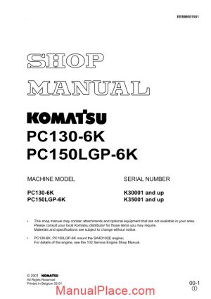 komatsu hydraulic excavator pc130 6k shop manual page 1