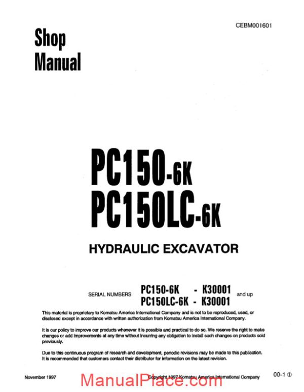 komatsu hydraulic excavator pc150 6k shop manual 25k14413 page 1