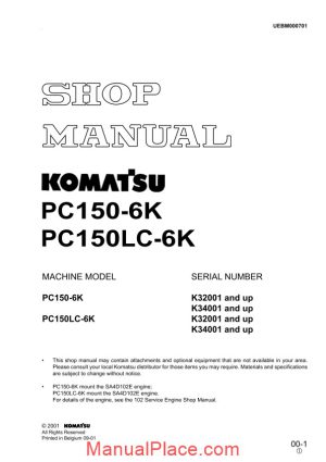 komatsu hydraulic excavator pc150 6k shop manual page 1