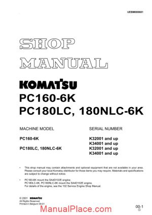 komatsu hydraulic excavator pc160 6k shop manual page 1