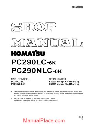 komatsu hydraulic excavator pc290lc 290nlc 6k shop manual page 1