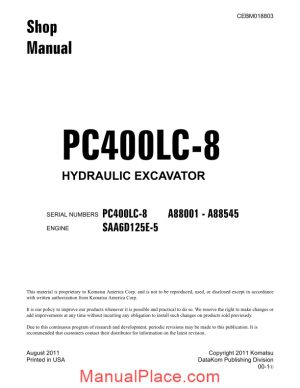 komatsu hydraulic excavator pc400 8 88888 shop manual page 1