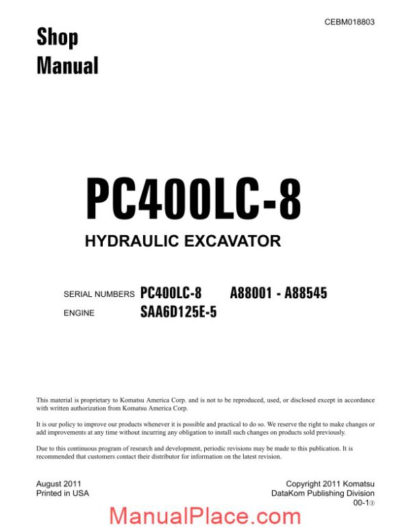 komatsu hydraulic excavator pc400 8 88888 shop manual page 1