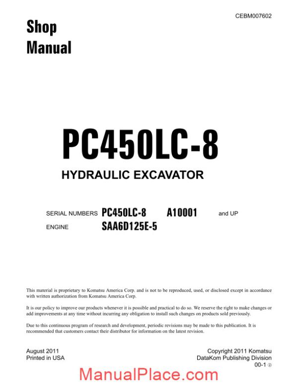 komatsu hydraulic excavator pc450 8 10001 shop manual page 1