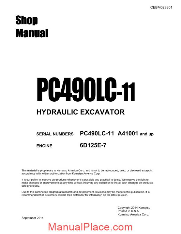 komatsu hydraulic excavator pc490lc 11 usa shop manual page 1