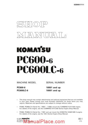 komatsu hydraulic excavator pc600 6 shop manual page 1