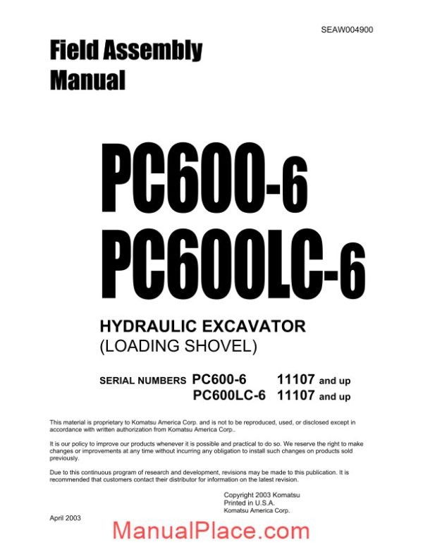 komatsu hydraulic excavator pc600 6f field assembly instruction page 1