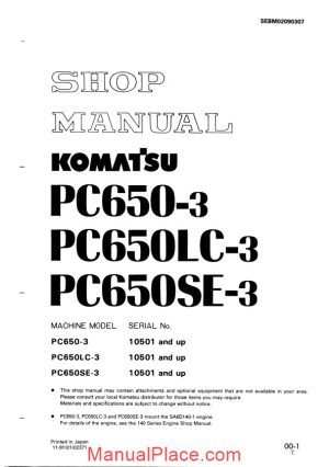 komatsu hydraulic excavator pc650 3 shop manual page 1