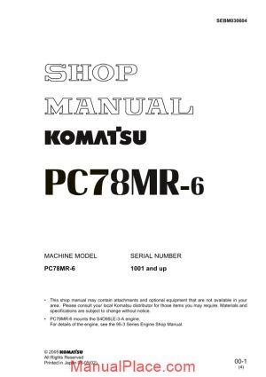 komatsu hydraulic excavator pc78mr 6 shop manual page 1