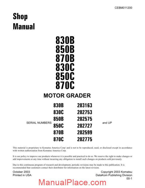 komatsu motor grader 870c shop manual page 1