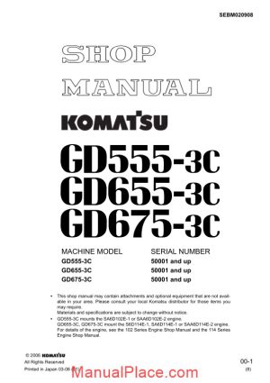 komatsu motor grader gd655 3c shop manual page 1