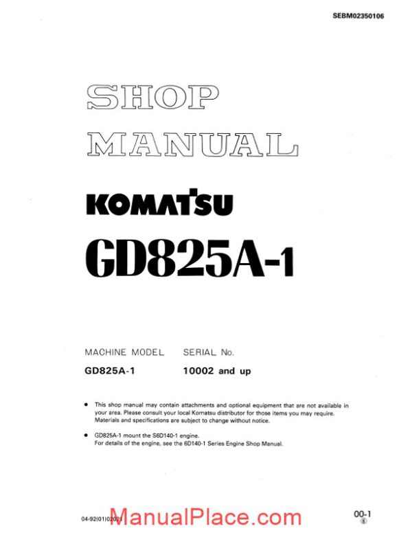 komatsu motor grader gd825a 1 shop manual page 1