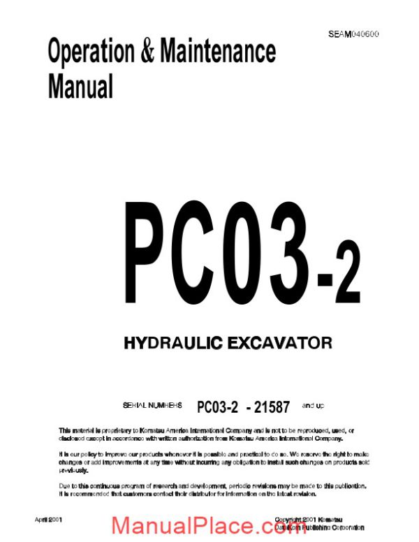 komatsu pc03 2 hydraulic excavator operation maintenance manual page 1