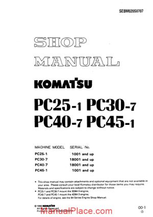 komatsu pc25 1 pc30 7 pc40 7 pc45 1 shop manual sebm020s0707 page 1