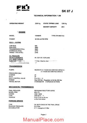 komatsu skid steer loaders sk07j 1 shop manual page 1