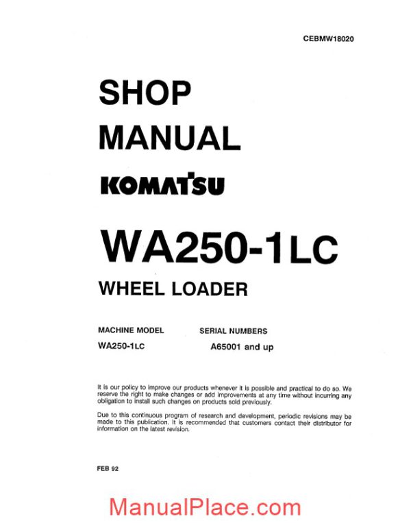 komatsu wheel loader wa250 1lc shop manual page 1