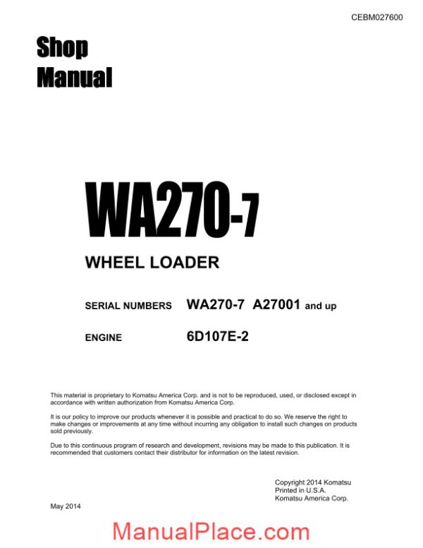 komatsu wheel loader wa270 7 usa shop manual page 1