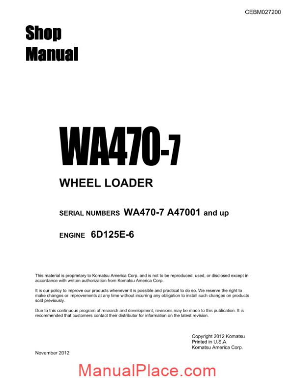 komatsu wheel loader wa470 7 shop manual page 1