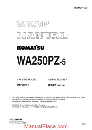 komatsu wheel loaders wa250pz 5 shop manual page 1