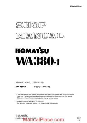 komatsu wheel loaders wa380 1 shop manual page 1