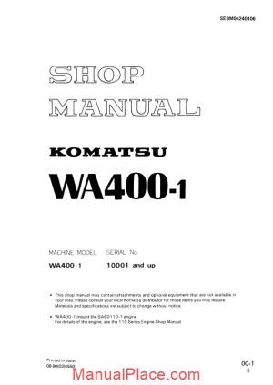 komatsu wheel loaders wa400 1 shop manual page 1