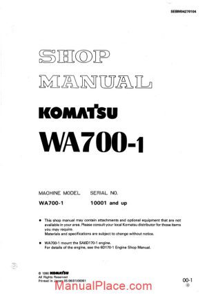 komatsu wheel loaders wa700 1 shop manual page 1