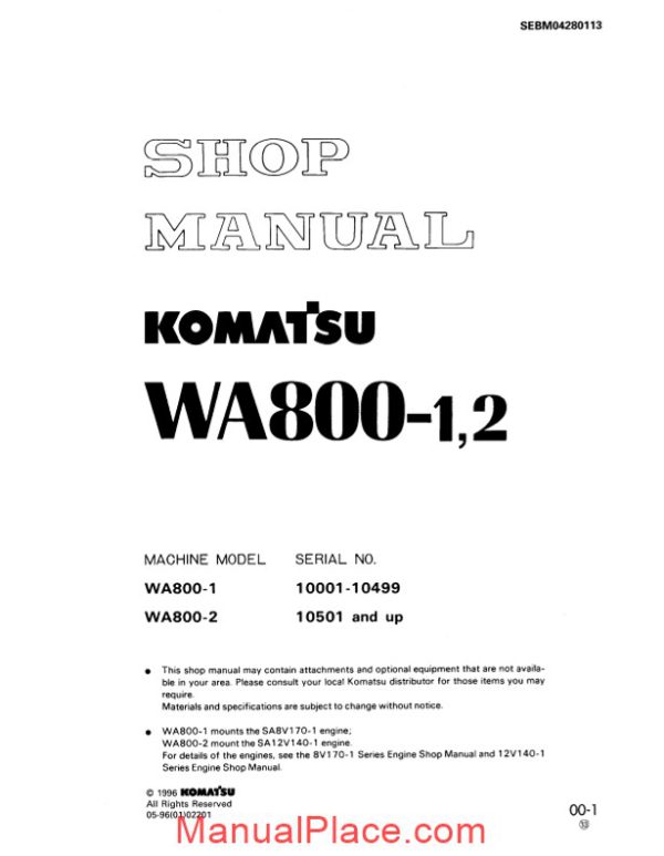 komatsu wheel loaders wa800 1 shop manual page 1