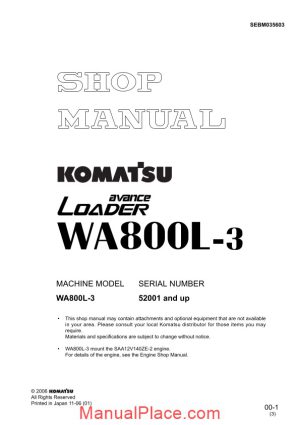 komatsu wheel loaders wa800l 3 shop manual page 1