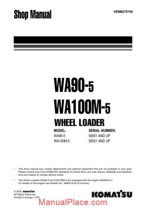 komatsu wheel loaders wa90 5 shop manual page 1