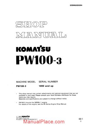 komatsu wheeled excavators pw100 3 shop manual page 1