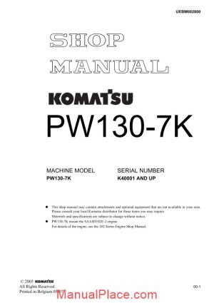 komatsu wheeled excavators pw130 7 shop manual page 1