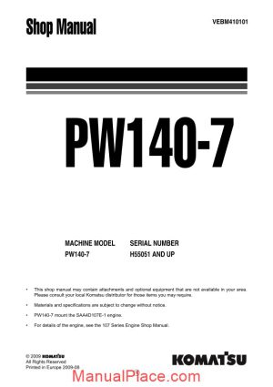 komatsu wheeled excavators pw140 7 shop manual page 1