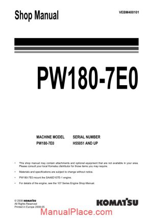 komatsu wheeled excavators pw180 7 shop manual page 1