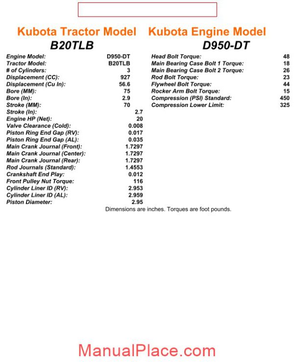 kubota tractor model and engine model specs page 1