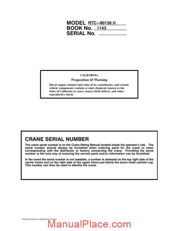 linkbelt 3k1 2005 1143 operators manual page 1