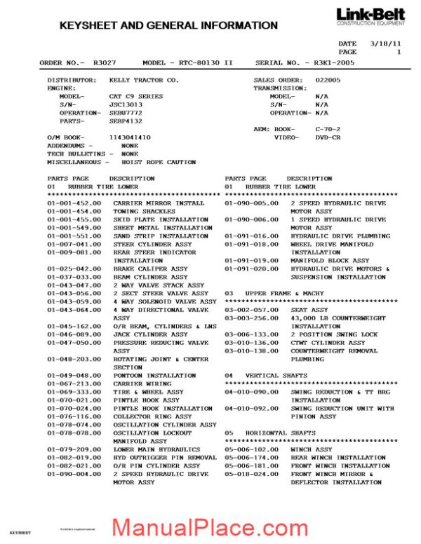 linkbelt r3k1 2005 parts manual page 1