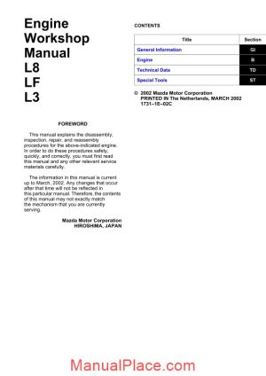 mazda 2002 engine l8 lf l3 workshop manual page 1