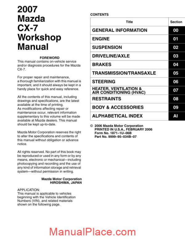 mazda cx7 2007 workshop manual page 1