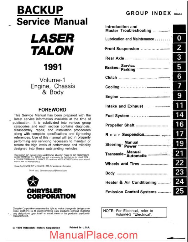 mitsubishi laser talon 1991 service manual page 1