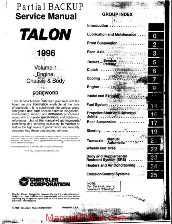 mitsubishi talon engine chassis body service manual 1996 page 2