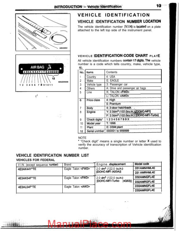 mitsubishi talon engine chassis body service manual 1996 page 3