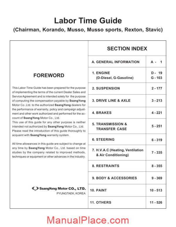 ssangyong labor time guide for services page 1