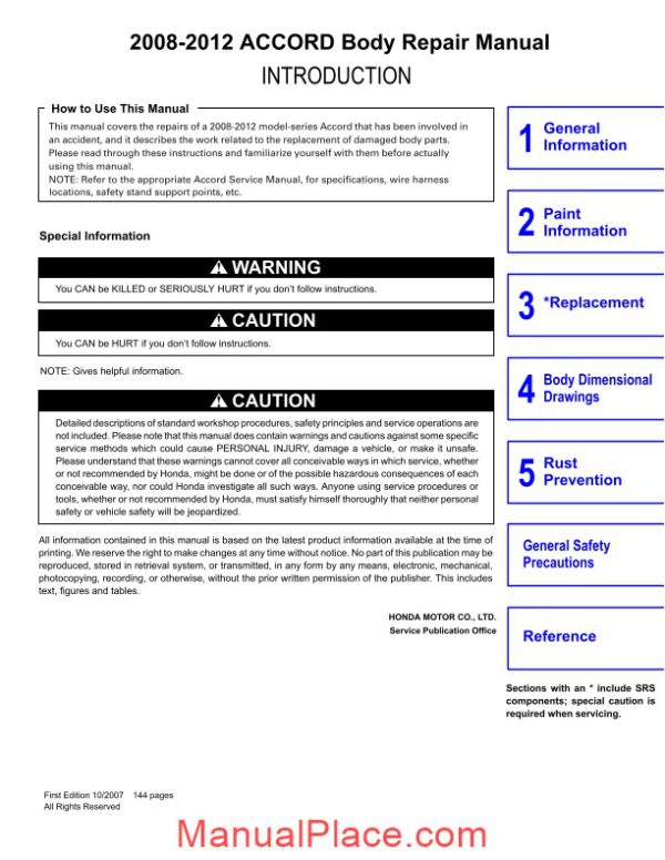 toyota 2008 2012 accord body repair manual page 1