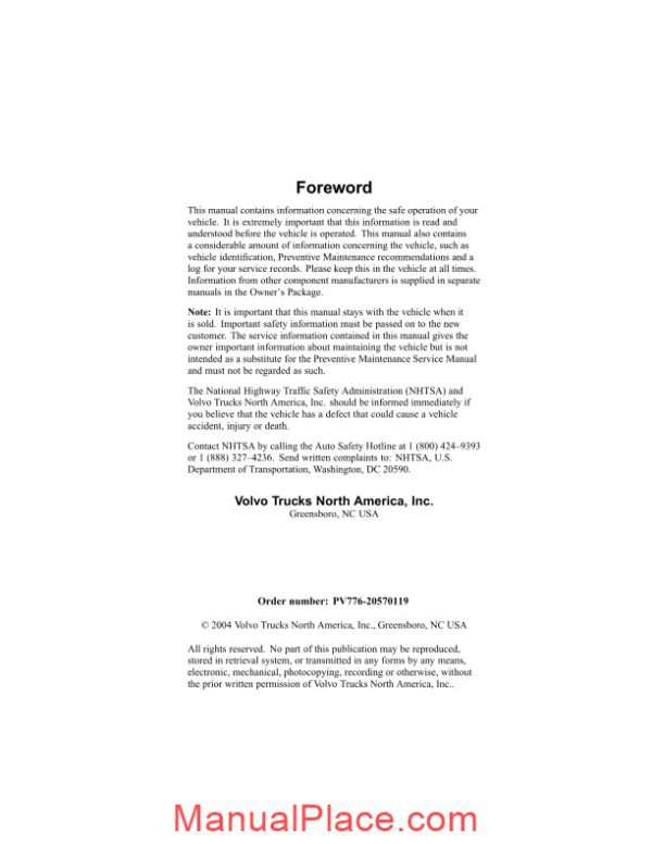 volvo vn vhd operators manual page 2